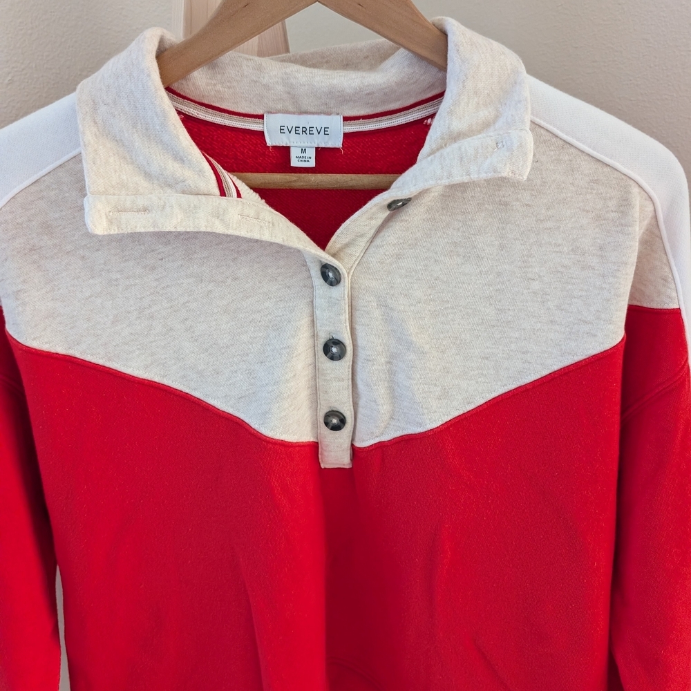Evereve Mika Colorblock Quarter Button-front Collared Polo Henley In Red/Oat - M - Picture 4 of 6